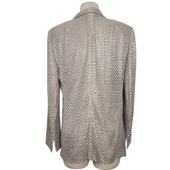 AKRIS Polyester Silk Blend Open Blazer Jacket‎ Sz 8 Silver Metallic Grid Square - Picture 3 of 11